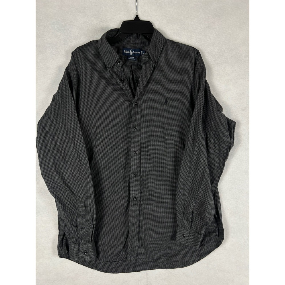 Ralph Lauren Blake Mens Large Black Grey Houndstooth Cotton Button Down Shirt